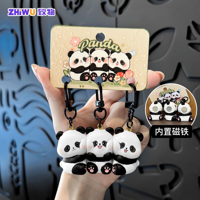 Magnetic Sticker Panda Keychain Cute Cartoon 3D Figurine Pendant Couple Backpack Decoration Small Gift