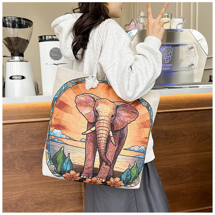 300g Weight Polyester Lining Material Zipper Closure Type Single Shoulder Strap Strap Type Tote Bag Bags Type Holiday, Travel Occasion Canvas Material Elephant Pattern All Seasons Season Women's Gender Ethnic Style, Classic Style Style Square Shape Medium Size Women's Medium Canvas Elephant Ethnic Style Classic Style Square Zipper Tote Bag 16