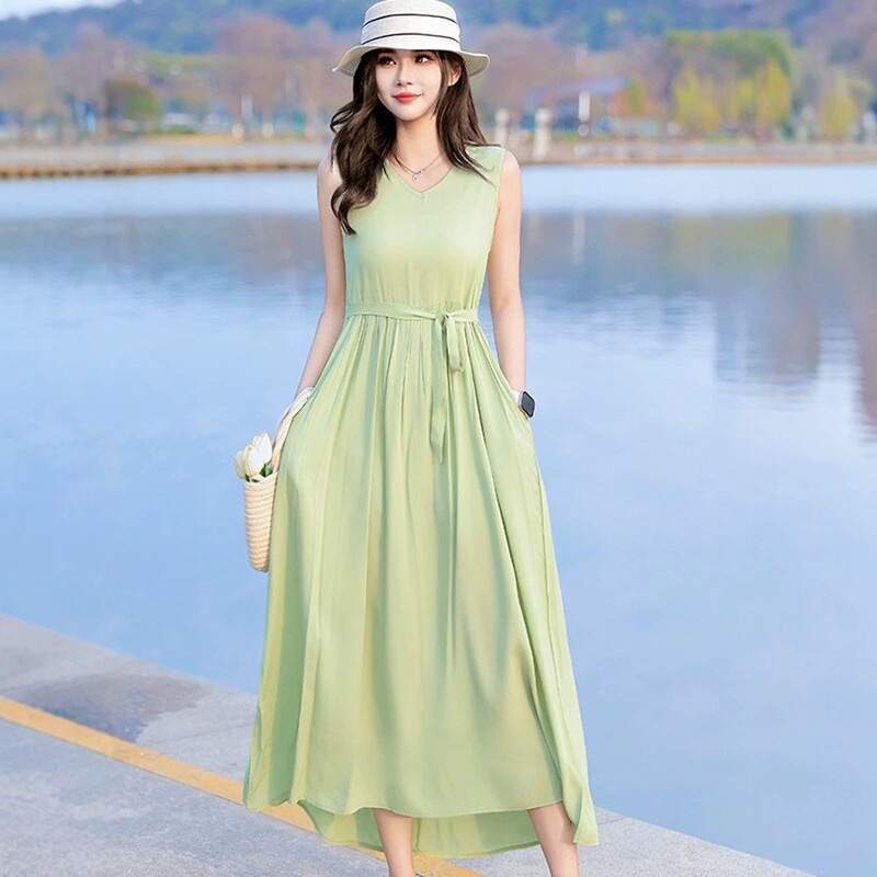 New French-Style Cotton Silk Dress for Women, Summer Sleeveless Tank Dress, High-End Solid Color Beach Vacation Long Dress