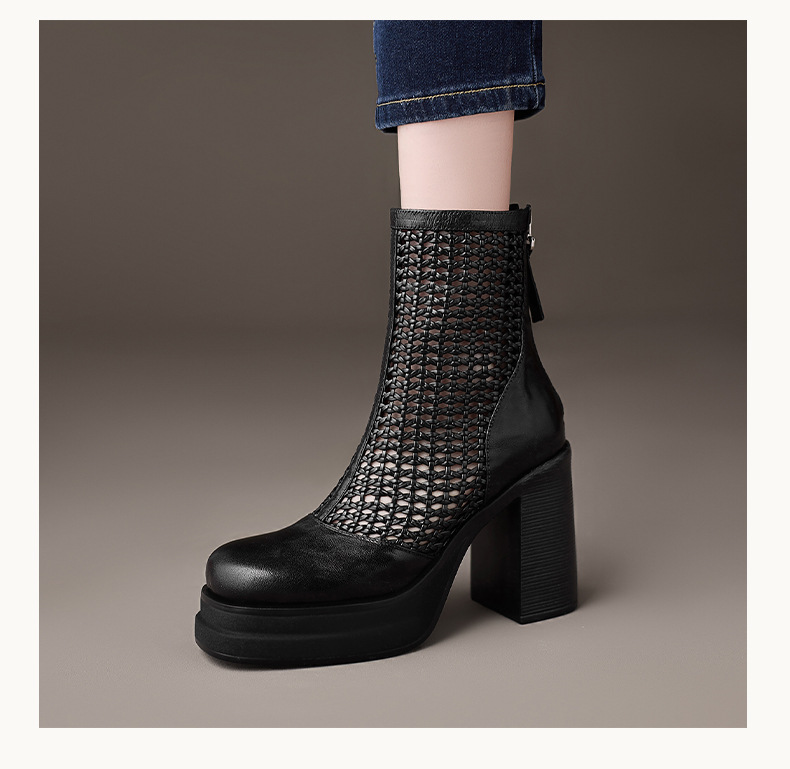 Boot lưới nữ da thật cổ thấp gót vuông 9 cm đi hè — màu đen, màu trắng ngà chi tiết 9