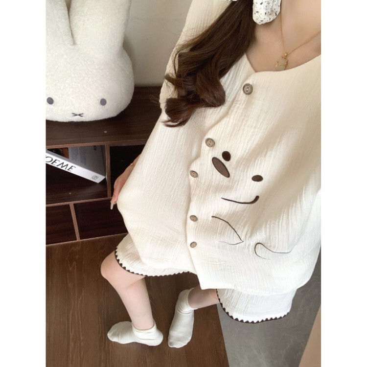Cloud Cotton Pajamas for Women, Summer Cartoon Embroidered Short-Sleeved Set, Cute and Sweet Cross-Border Loungewear, Plus Size, Can Be Worn Outside