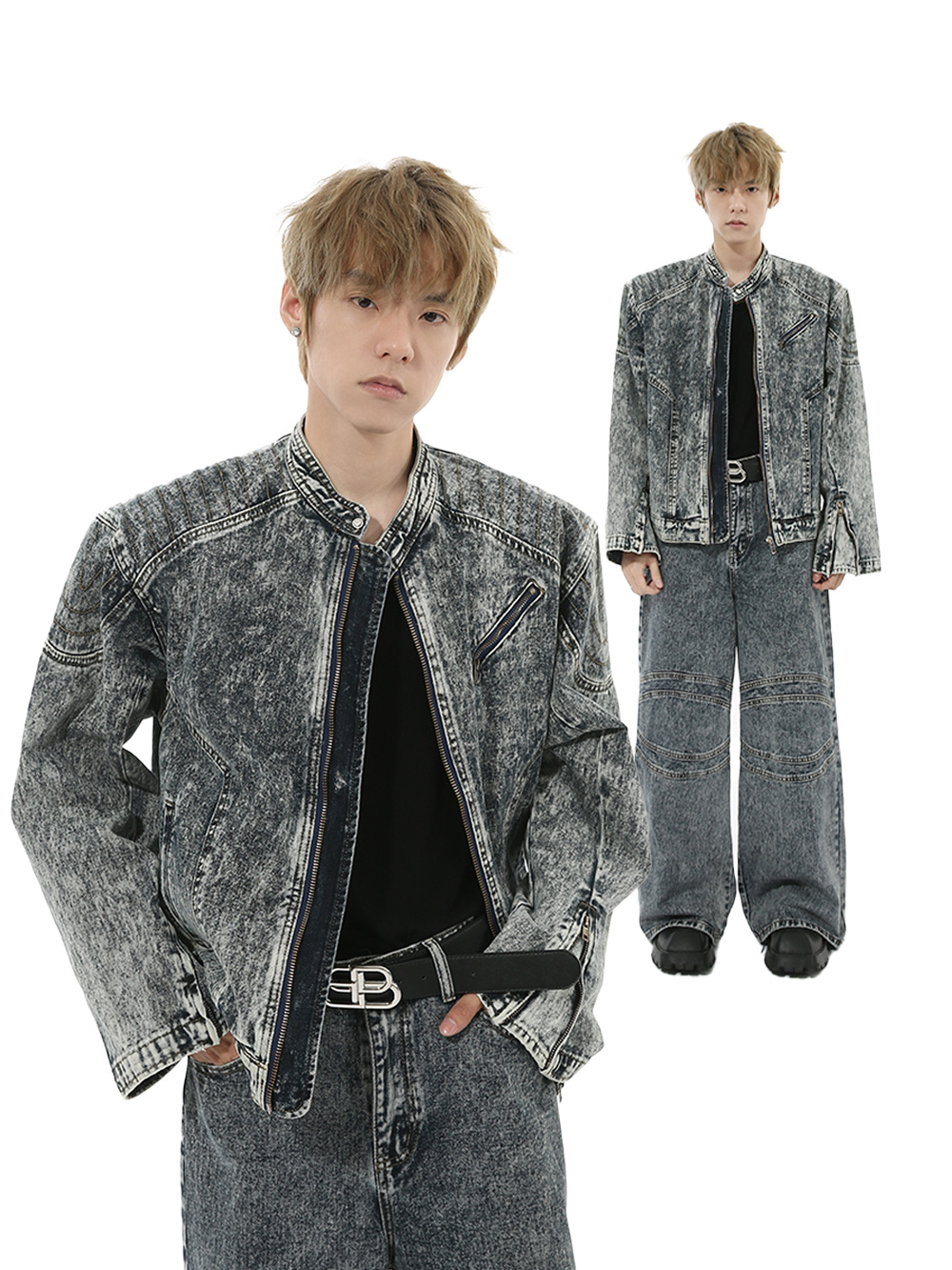 MTLCLOTHES Hombres| Nuevos productos de otoño estilo retro americano empalme pesado hombro conjunto de vaqueros casuales