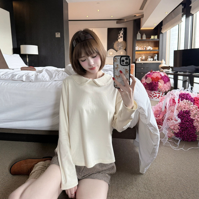 WearKeki Sweet Girl Saeko White Doll Collar Long Sleeve T-shirt for Women, Slimming and Versatile Base Top for Petite Women