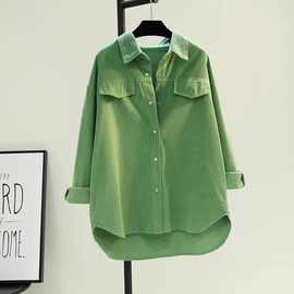绿色伴侣牛油果绿中长款灯芯绒衬衫女2023春季新款加厚双口袋衬衣