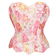 欧美法式宫廷风塑身内衣不规则蕾丝鱼骨胸衣网纱拼接印花塑身上衣