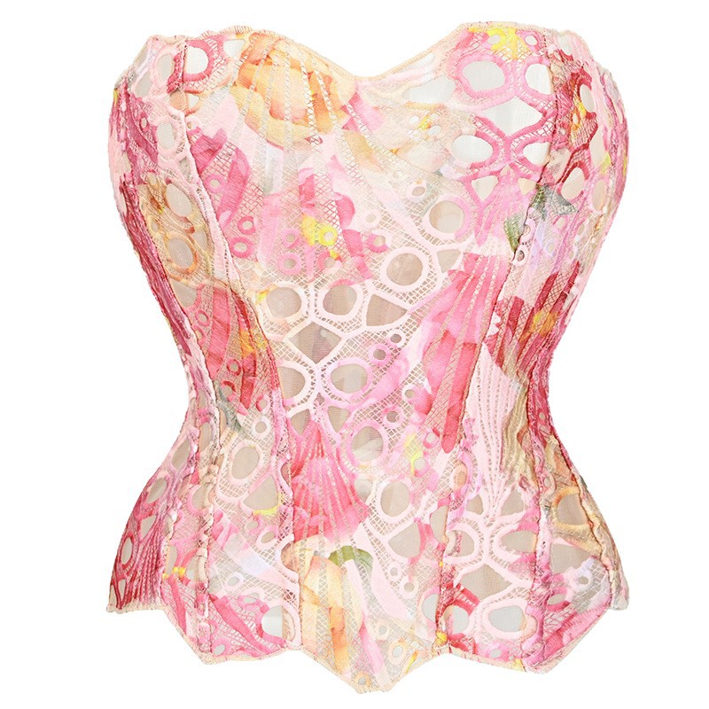 European and American French Palace Style Body-Shaping Intimates, Asymmetrical Lace Fishbone Bra, Mesh Splicing Printed Body-Shaping Top