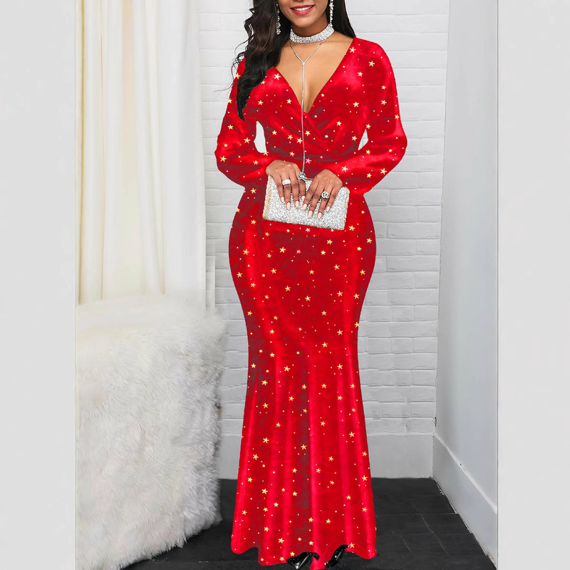 European and American Plus Size Amazon wish AliExpress eBay Fashion Casual Sexy Printed High Waist Long Dress for Women