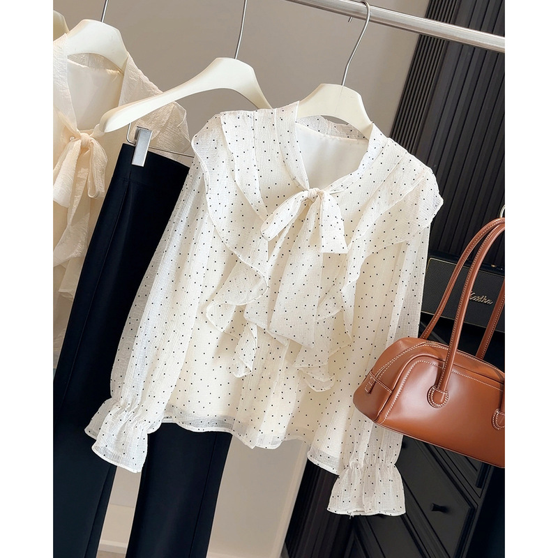 Sweet and Youthful Polka Dot Heart-Shaped Ruffle Shirt for Women, 2026 Spring New Style, Chic and Unique Long-Sleeve Top
