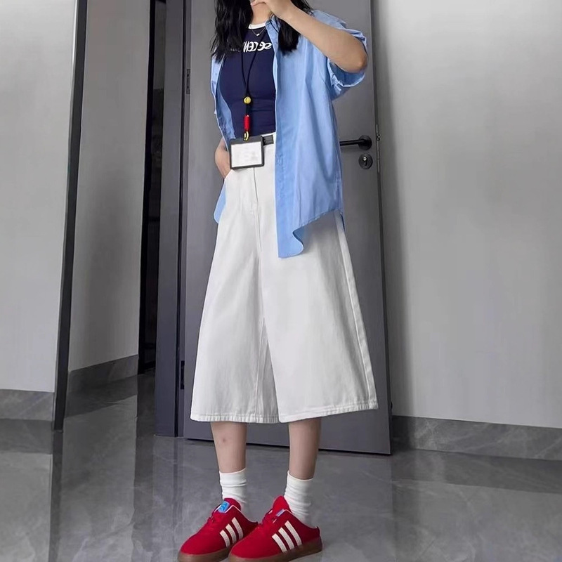 White High-Waisted Wide-Leg Denim Cropped Pants 2025 Spring & Fall New Large Size Casual Draped Straight Loose Cropped Pants