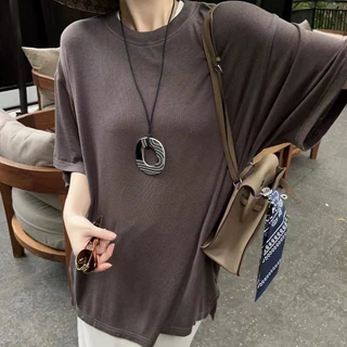 现货Owis韩系慵懒风圆领短袖 T 恤女 垂感薄款侧开叉宽松休闲上衣