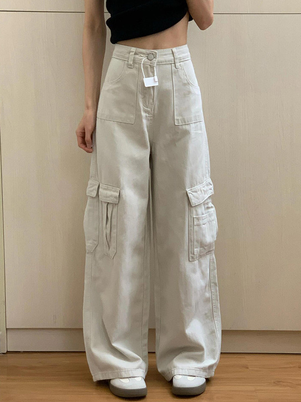 杏白色阔腿牛仔工装裤女秋季新款美式复古宽松显瘦休闲直筒长裤子|undefined