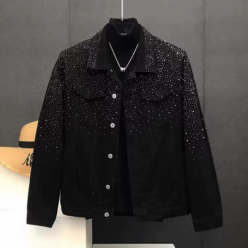 American-Style Denim Jacket with a High-End Feel, Cool and Stylish, Heavy-Duty with Sparkling Rhinestones, Light Luxury, Hairstylist Fashion Brand, Men's Top Jacket American-Style Denim Jacket with a High-End Feel, Cool and Stylish, Heavy-Duty with Sparkling Rhinestones, Light Luxury, Hairstylist Fashion Brand, Men's Top Jacket