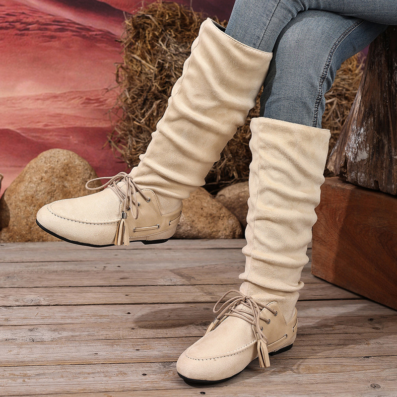 European and American Style High-Top Knee-High Boots with Flat Soles and Round Toes for Women, Large Size, Lace-Up with Tassels, Slip-On European and American Style High-Top Knee-High Boots with Flat Soles and Round Toes for Women, Large Size, Lace-Up with Tassels, Slip-On