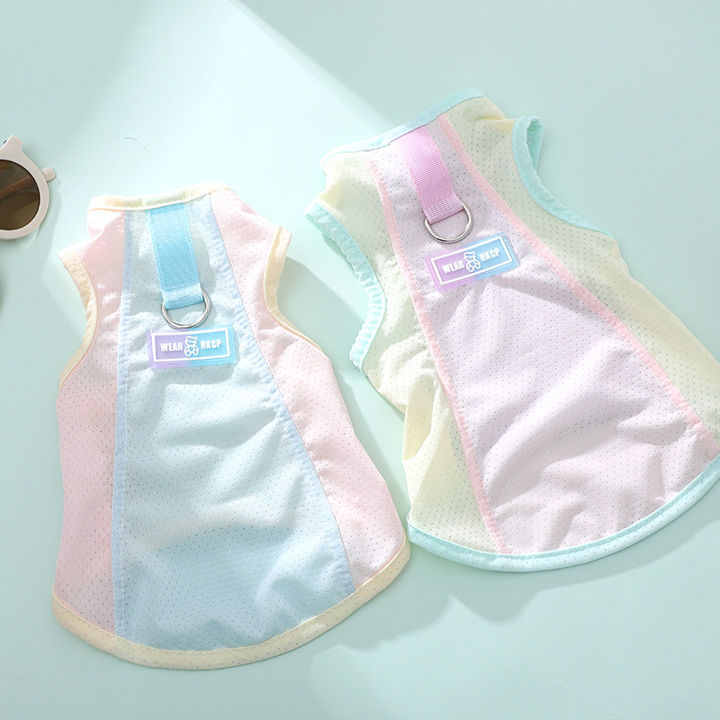 Nueva ropa de verano: chaleco transpirable y fino de seda helada para mascotas, ropa para perros de dos patas color macaron._voghion.com
