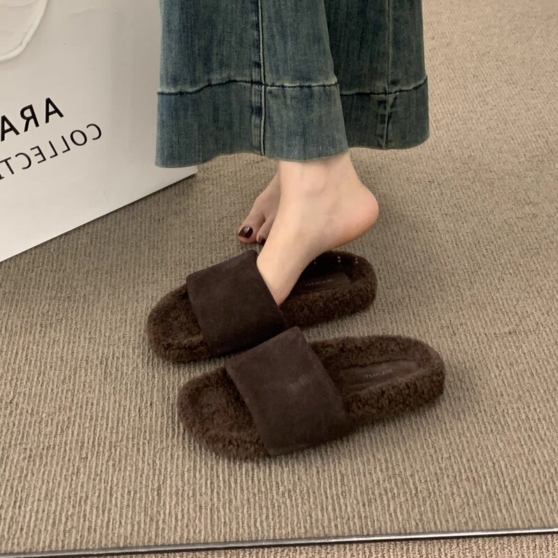 BEILIXUAN 牛皮百搭厚底毛毛拖鞋女外穿秋冬仙女风休闲羊羔毛一字|undefined