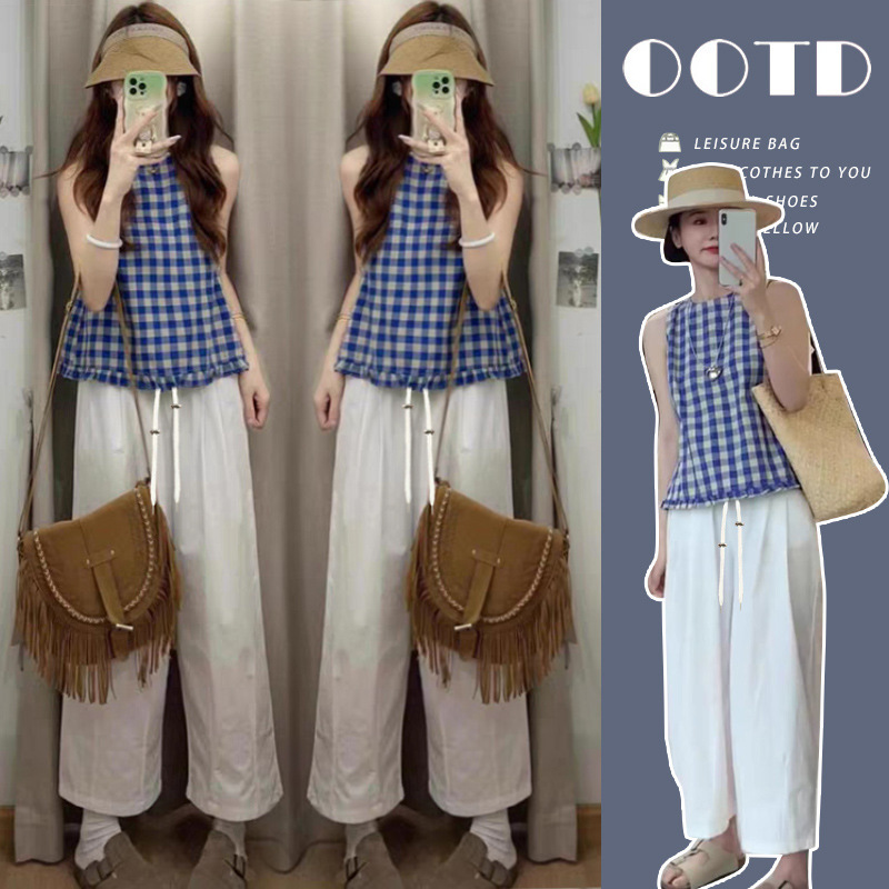 in stock pregnant women in summer with a set of fashionable tea sweet niche dopamine holiday wind wear suit