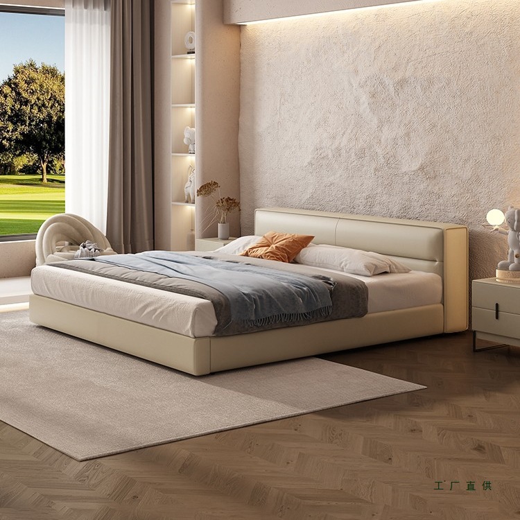 Justin Low Headboard Genuine Leather Bed Italian Minimalist Tofu Block Bed Trendy Light Luxury Bedroom Tatami Leather Art Bed Frame
