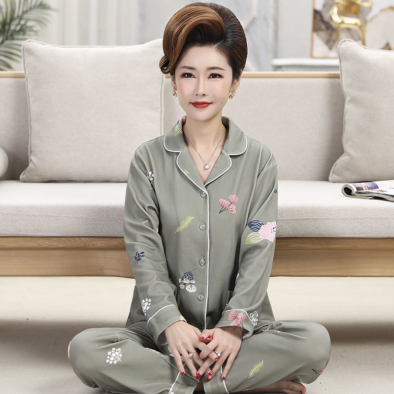 Pijamas de mujer de mediana edad 100% algodón Pijamas de mujer de verano de manga larga de mediana edad y madres ancianas usan traje Delgado