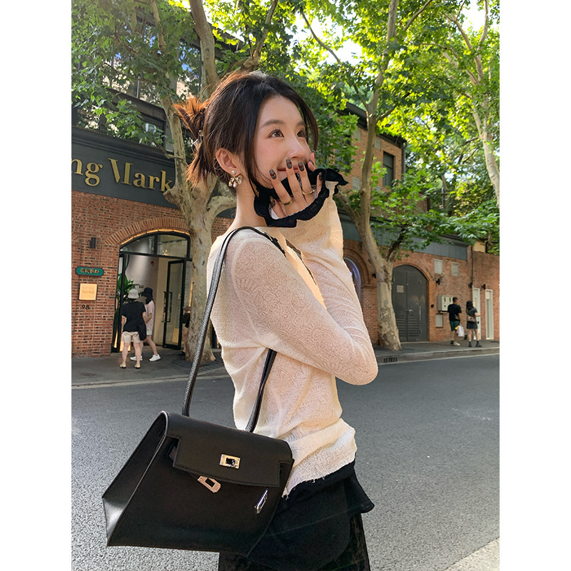 [Layering Diary] Rareme Thin and See-Through Wool Splicing One-Shoulder Early Autumn Chic Trumpet Long-Sleeved Top for Women