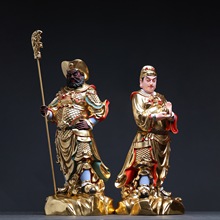 桧木精雕贴金彩绘周仓关平神像关公左右护法将军摆件家居装饰品