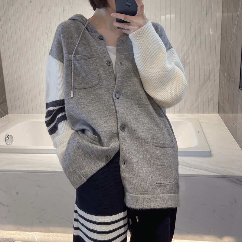 25 New Color Matching Baseball Uniform Sweatshirt for Women Spring & Fall Tb Four Stripess Hooded Loose Knitted Sweater Hoodie Jacket