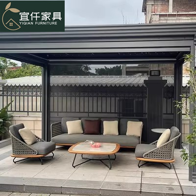 Nordic outdoor sofa and lounge balcony rattan chair and coffee table set of three, designer homestay courtyard hotel villa