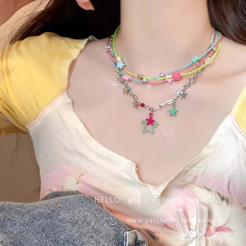 Dopamine Color Star Necklace Women's Cute Sweet Cool Y2K Stacked Collarbone Chain Light Luxury Niche Choker Neck Chain