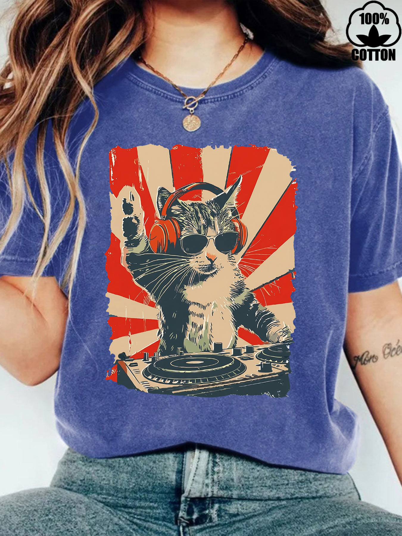 Independent Cross-Border Summer Pure Cotton Washed Vintage Dj Cat Print Round Neck Pullover Short Sleeve Ebay Women's T-Shirt