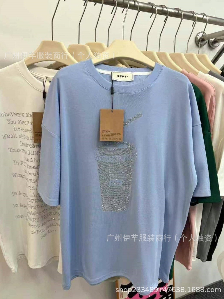 여성용 티셔츠 하이 버전 여성용 루즈 핫 스탬핑 반팔 티셔츠 핫 스탬핑 티셔츠
