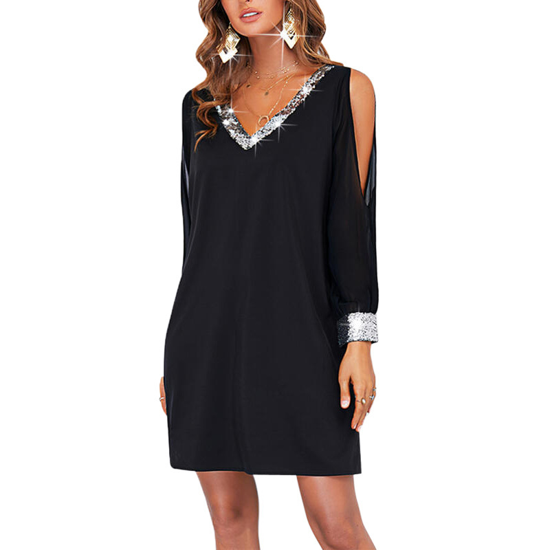Amazon europeo y americano transfronterizo nueva ropa de mujer de color sólido fuera del hombro manga casual moda profundo cuello en V lentejuelas costura vestido image 4