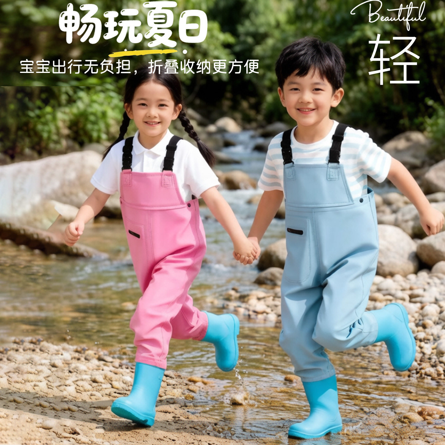 Children's one-piece waterproof wading suit with rain pants and rain boots for water play, suitable for preschoolers