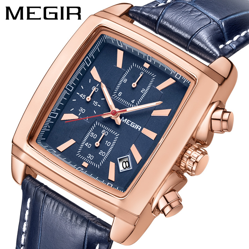 megir Fashion Light Retro Multifunctional Chronograph Square Belt Men's Watch 2028