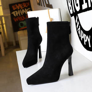 9369-1 Children's High Heels Waterproof Platform Pointed Suede Elastic Single Boots Skinny Boots Thick Heels Tall F