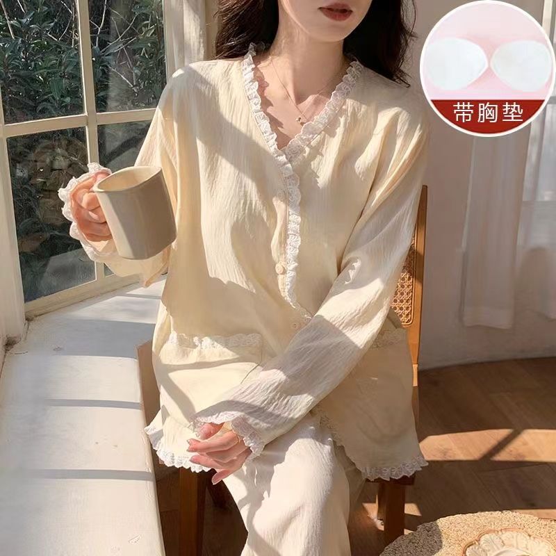 Venta al por mayor transfronteriza con almohadilla para el pecho Nubes de algodón Pijamas de primavera y otoño Pantalones de manga larga para mujer Nuevo estilo Cárdigan de encaje dulce Servicio a domicilio