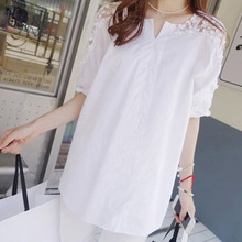 夏装新款韩版短袖衬衫胖加肥加大码女装蕾丝棉质白衬
