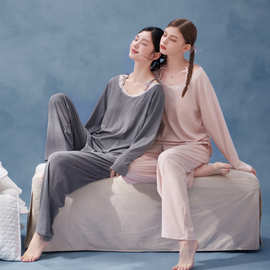 带胸垫闺蜜睡衣女春秋季甜美休闲磨毛柔软棉假两件家居服