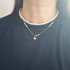 天然白色珍珠绿松石吊坠串珠项链女配饰叠戴法式复古轻奢锁骨链