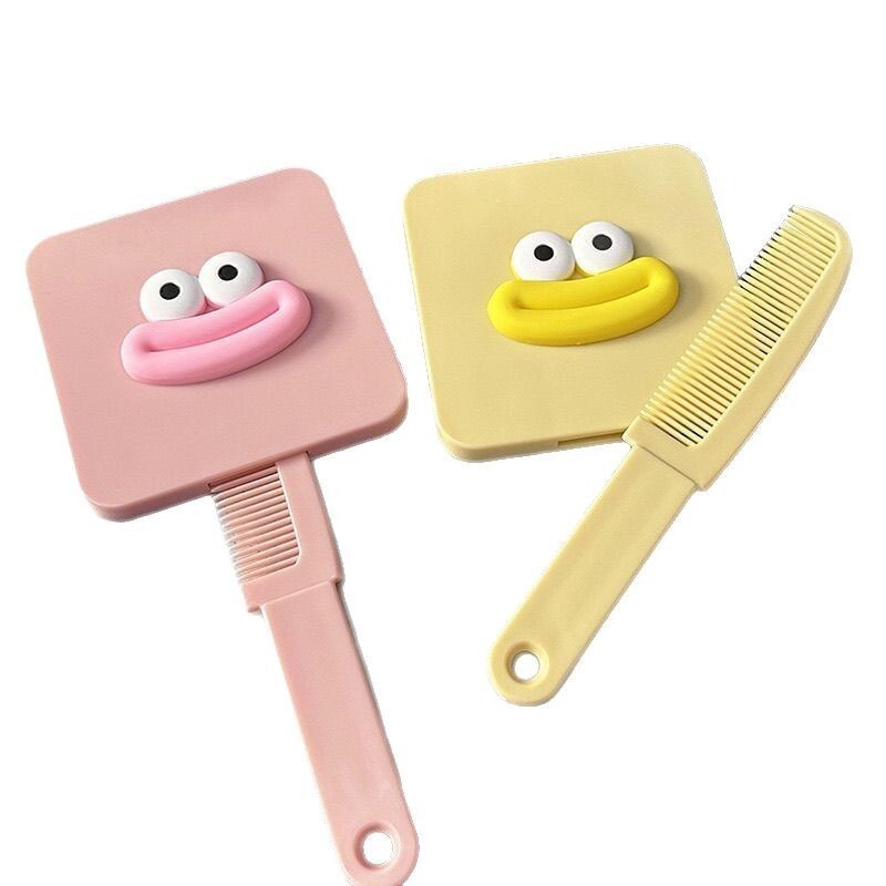 新しいかわいいソーセージ口ハンドルミラー、コーム付き、ポータブルハンドヘルド化粧鏡、ガーリーハートミラー、コーム一体型小型ミラー|undefined