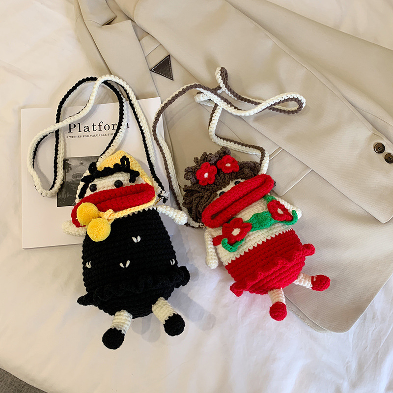 Douyin popolare salsiccia bocca grande bocca borsa per cellulare borsa fatta a mano all'uncinetto fai da te in lana per maglieria borsa divertente portachiavi_voghion.com
