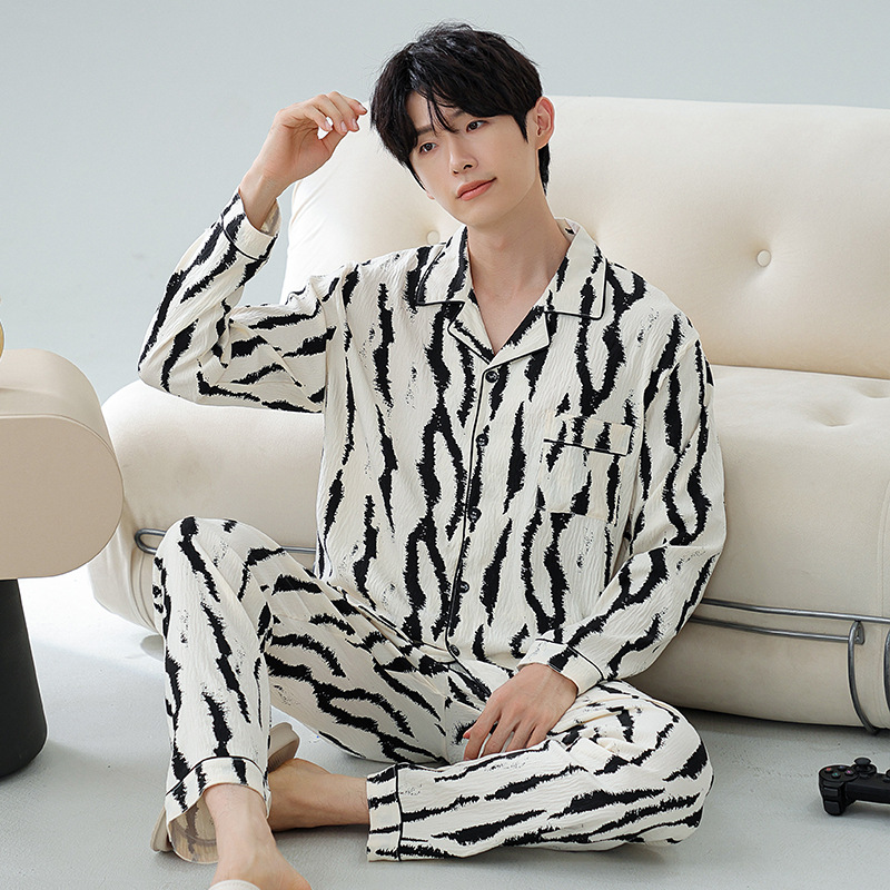 남성 잠옷 봄, 가을 신상 클라우드 코튼 가디건 긴팔 심플 캐주얼 대형 홈웨어 정장 외부 착용 가능