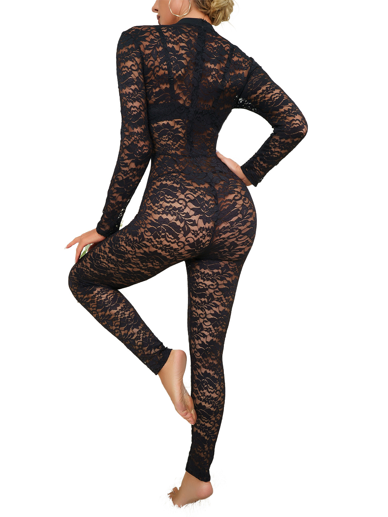 Nuevo estilo de verano, mono sexy y elegante de encaje negro jacquard con transparencias, manga larga, corte ajustado y tacto de alta gama.