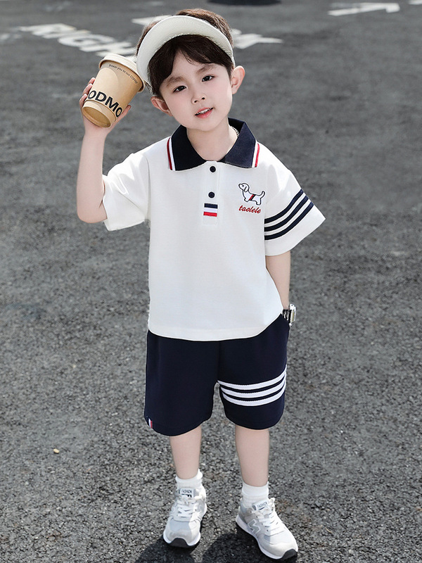 男の子夏半袖スーツ 2025 新しい子供ベビー夏薄い男の子子犬ポロシャツ 2 点セット|undefined