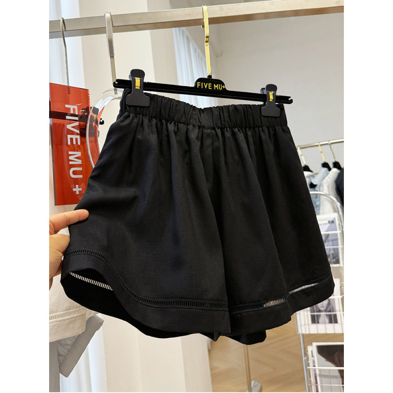 女性用のハイエンドリネン弾性ハイウエストAラインワイドレッグショーツ、スリムな夏の軽量アウターカジュアルパンツホットパンツイン|undefined