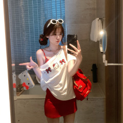 上質コットン【ミルクニャーボボ】オフショルダー水玉半袖Tシャツ レディース 夏 キティ刺繍トップス