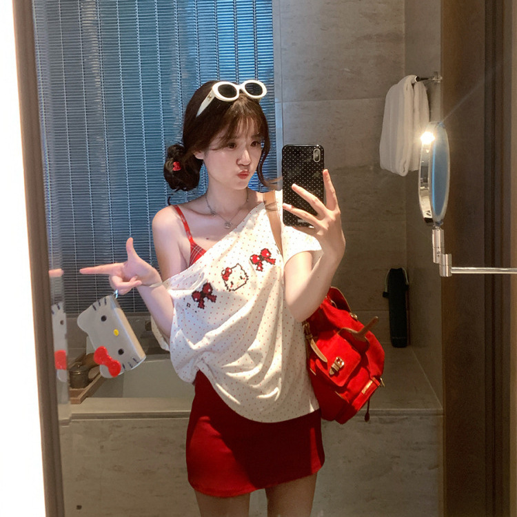 上質コットン【ミルクニャーボボ】オフショルダー水玉半袖Tシャツ レディース 夏 キティ刺繍トップス|undefined