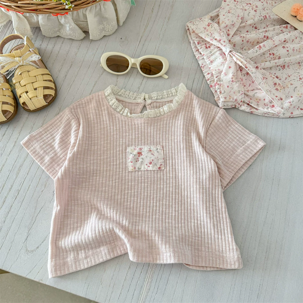 Cute fuchsia summer set girl's, soft T-shirt, flashlight, french style, floral print