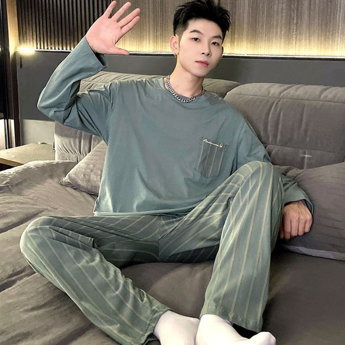 2025 pijama de otoño hombre 6535 algodón cuello redondo hoodie de mangas largas pantalones largos set simple ropa casera cómoda