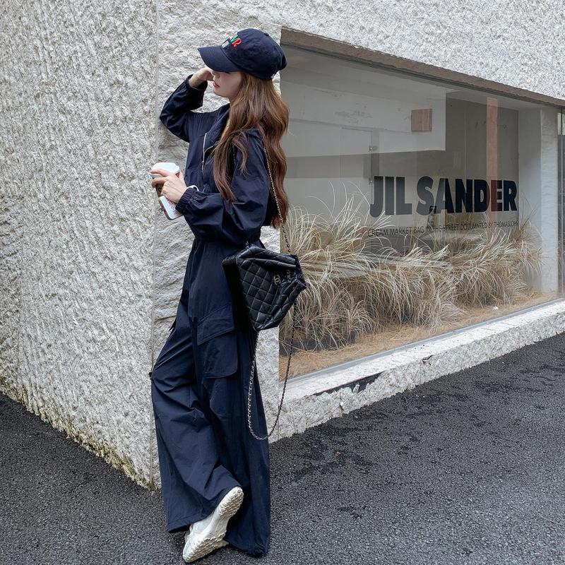 深蓝色工装短外套阔腿裤套装2025新款女春秋韩系休闲酷飒风三件套|undefined