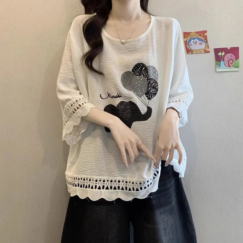 Little Elephant Round Neck Summer 2026 Hot-Selling Loose Fit Top for Petite Figures, Slimming Lace Patchwork Blouse Little Elephant Round Neck Summer 2026 Hot-Selling Loose Fit Top for Petite Figures, Slimming Lace Patchwork Blouse