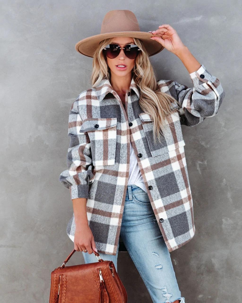 long sleeve plaid casual woolen shirt jacket NSHFC136793